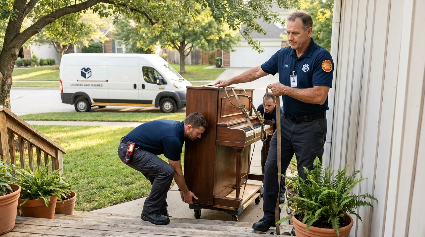 Licensed piano movers securing grand piano in Burlington, KY