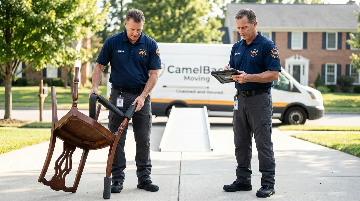 Movers inspecting furniture for damage prevention before loading in Burlington, KY