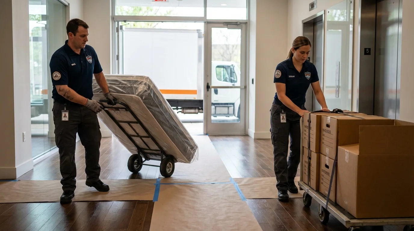 Professional apartment movers loading elevator in Burlington, KY